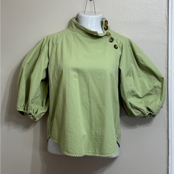 NWT - A Loves A - Denim Neck Tie 3/4 Puffed Sleeve Pleated Shoulder Top - Green - Picture 2 of 7